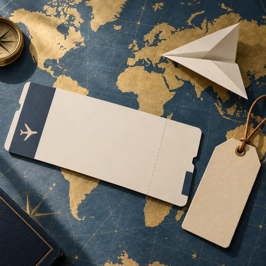 A flat illustration of a travel desk scene: a boarding pass and a passport on a folded route map, with a small globe and a luggage tag.
