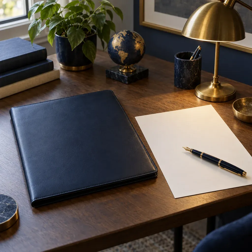 A flat illustration of a desk scene: an open passport on a folder of research papers, a globe, a pen and a notebook under a desk lamp.