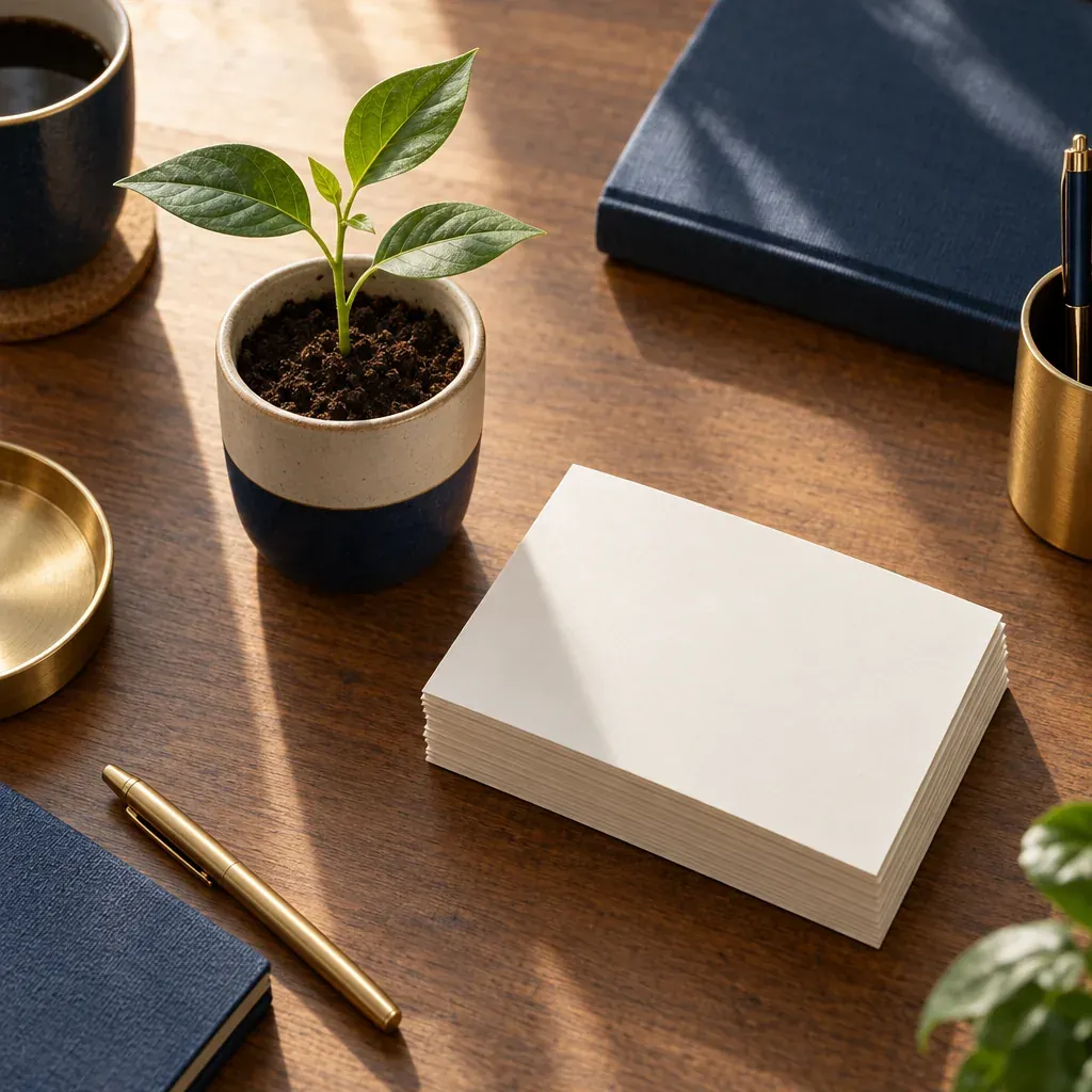 A flat illustration of a desk scene: a passport on a stack of paperwork, an envelope, a coin dish and a magnifying glass.