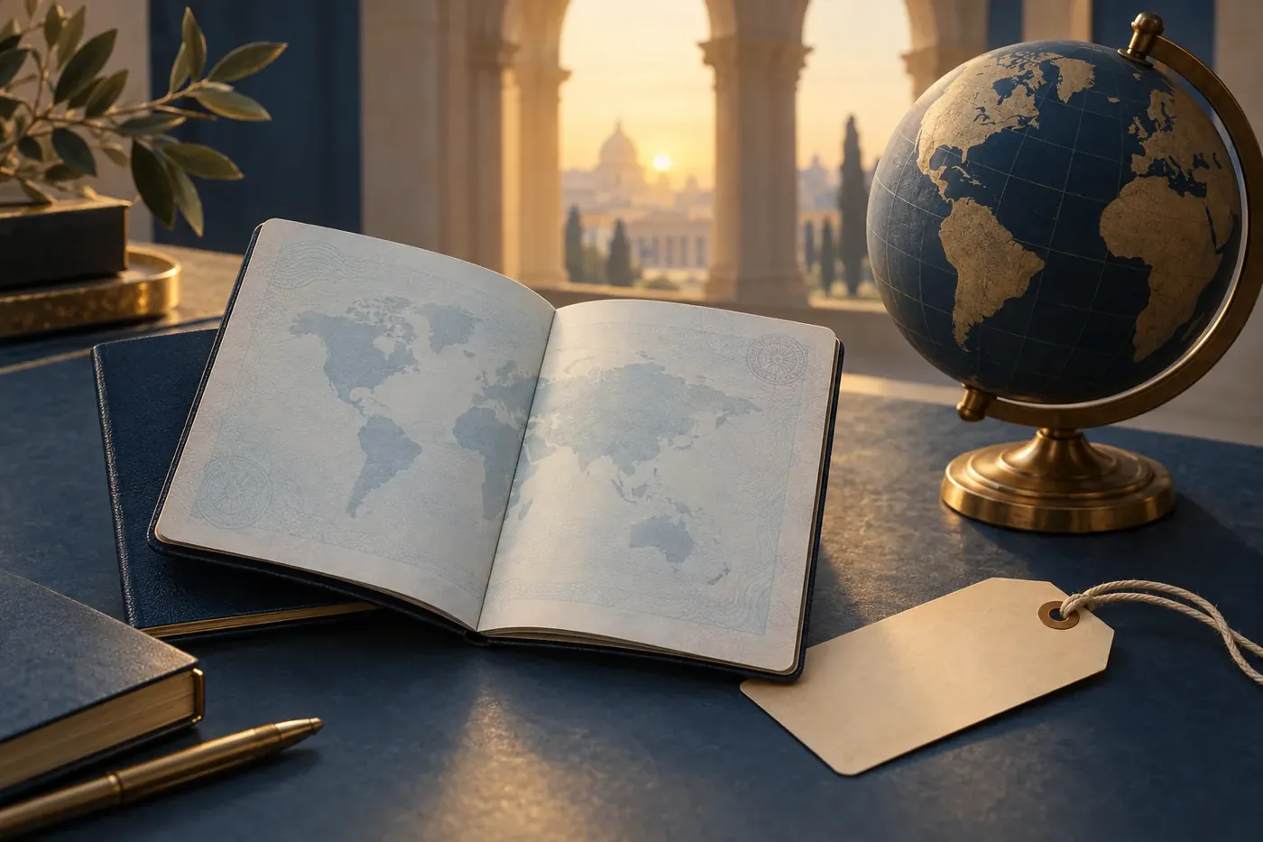 A flat illustration of an open passport, a rounded globe and a boarding pass on a desk beside a folded map and a warm desk lamp.